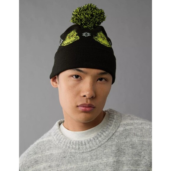 American Eagle Black Grinch Hat Beanie Cuff Pom Pom NWT - Picture 8 of 8